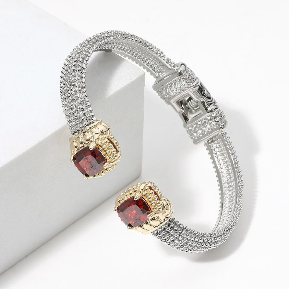 Red Rectangle CZ Stone Tip Hinged Cuff Bracelet